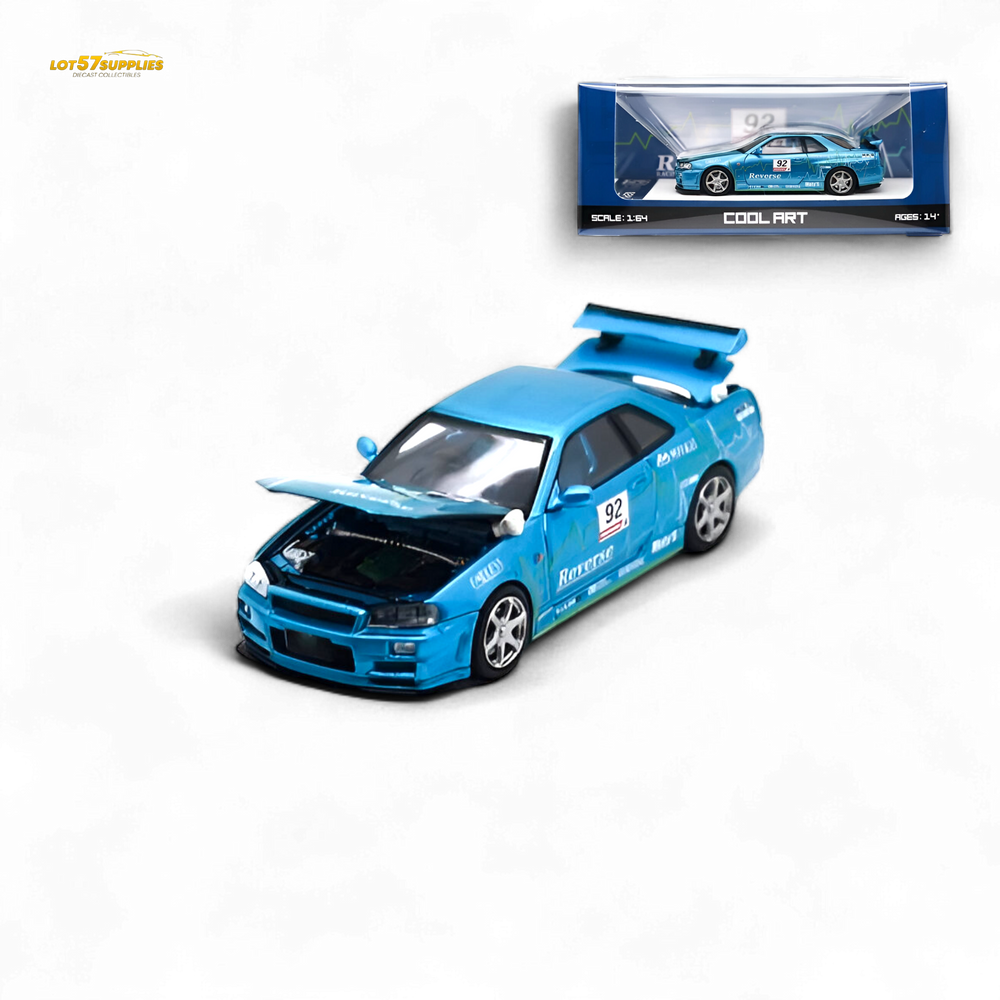 Blue model car with open hood on a white background, featuring 'Cool Art' packaging.