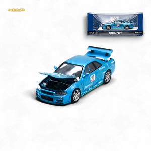 Blue model car with open hood on a white background, featuring 'Cool Art' packaging.