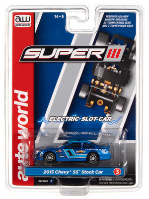 Auto World Super III 2015 Chevy SS Stock Blue Nascar HO Scale Slot Car SC383