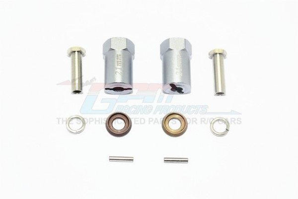 GPM ALUMINUM HEX ADAPTERS 21MM THICK AXIAL SCX10 / SCX10 II GUN SILVER  Accessories: Stainless Steel Pin 2x10-2PCS 5mm Shims-2PCS 5mm Metal Washer-2PCS Stainless Steel Hex Socket Screw 19mm-2PCS