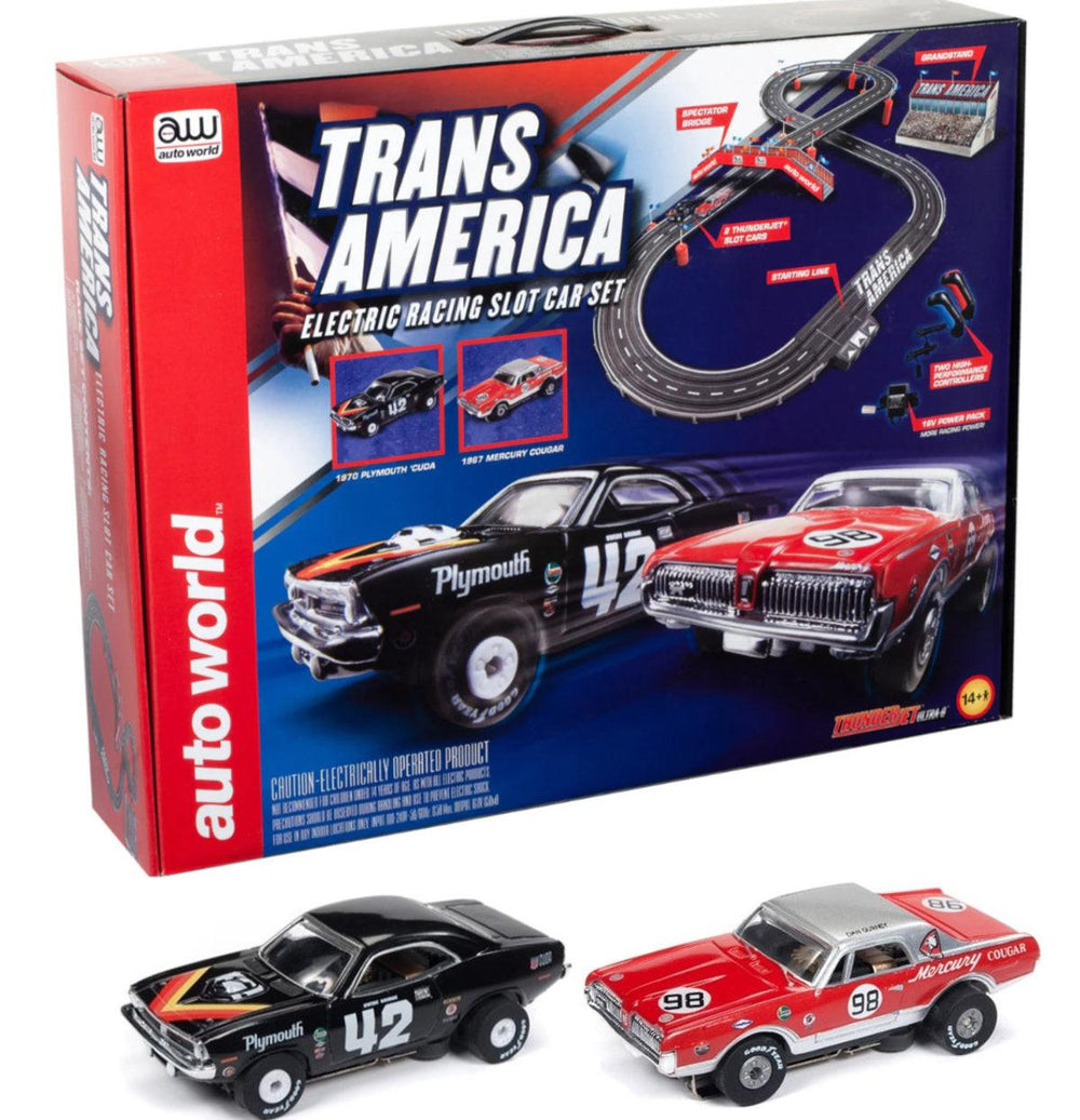 PowerHobby Auto World Trans American HO Slot Race Set AFX SRS326 Plymouth Cuda Cougar — HO Slot Car