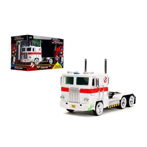 ToyShnip Transformers G1 Optimus Prime Big Rig with Ghostbusters Ecto-1 Graphics 1:24 Scale Die-Cast Metal Vehicle — Action