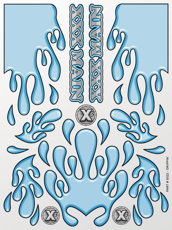 Blue and silver decal sheet with abstract designs and 'XXX Main' branding.
